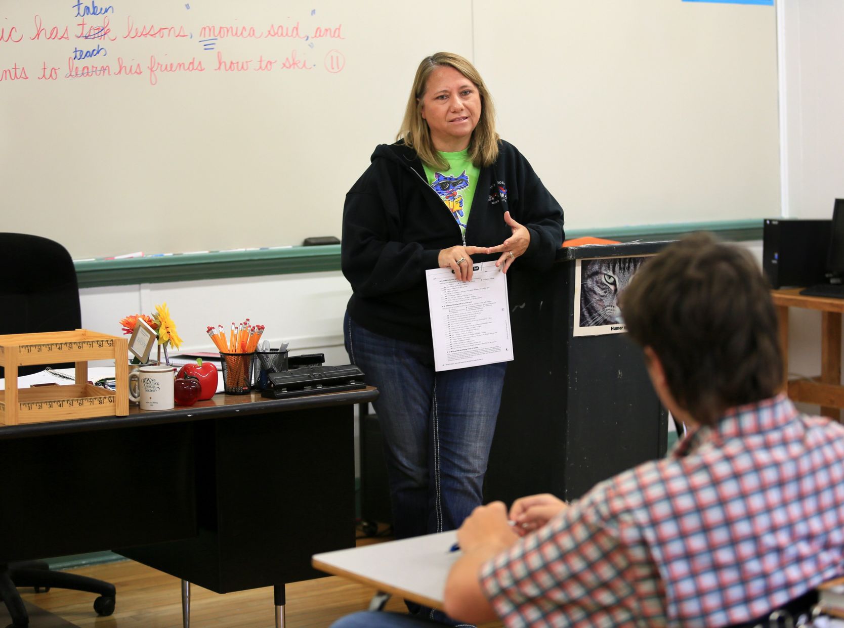 English teacher Judy Billing speaks to class